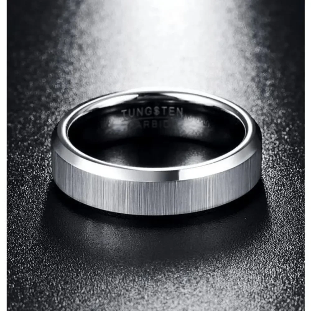 Tungsten Carbide Men's Matte Finished Silver Edged Wedding Band Ring